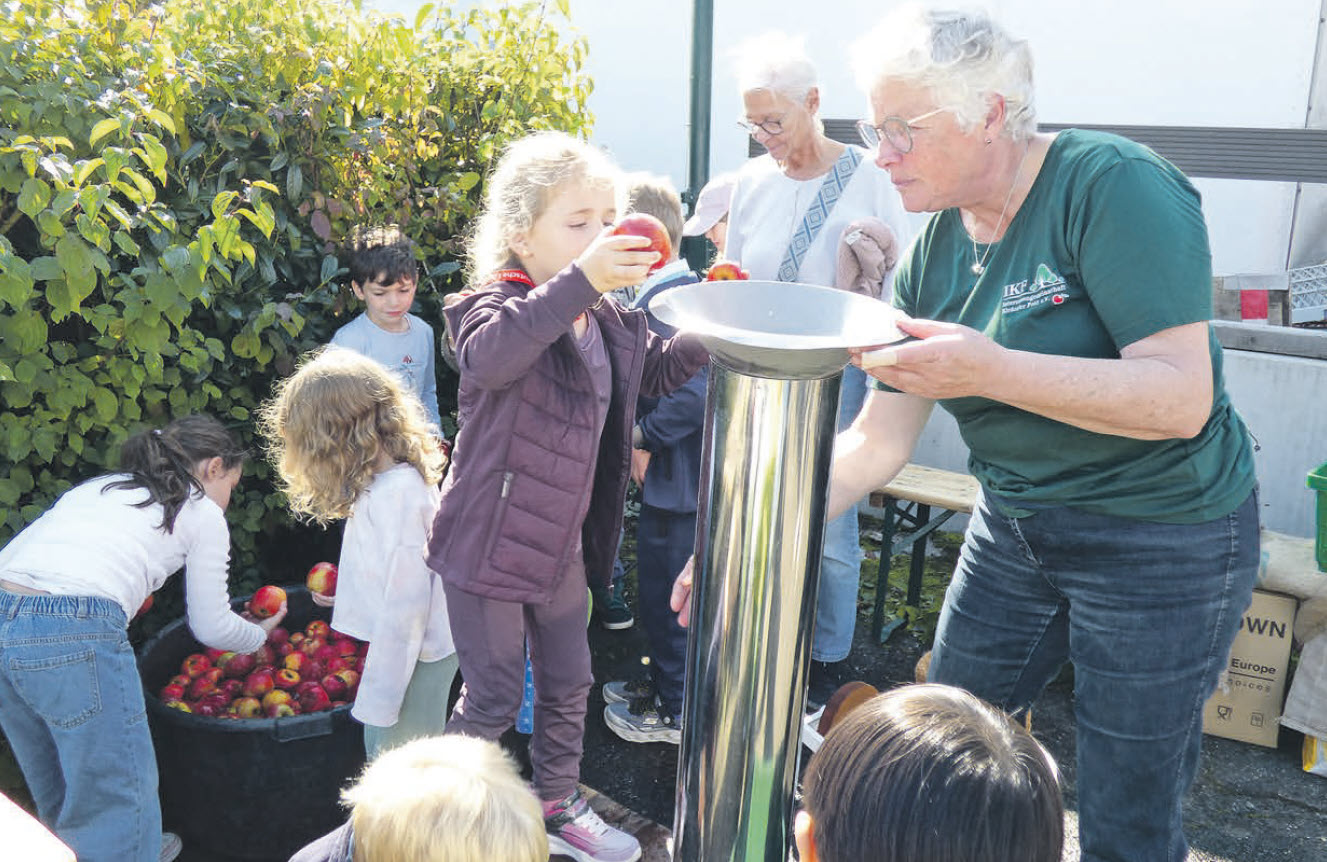 Bis aus den Äpfeln Saft wird, gibt es allerhand zu tun. Ursula Nillwock keltert gemeinsam mit den Kindern. Foto: xes BHW Kelterfest Bild1
